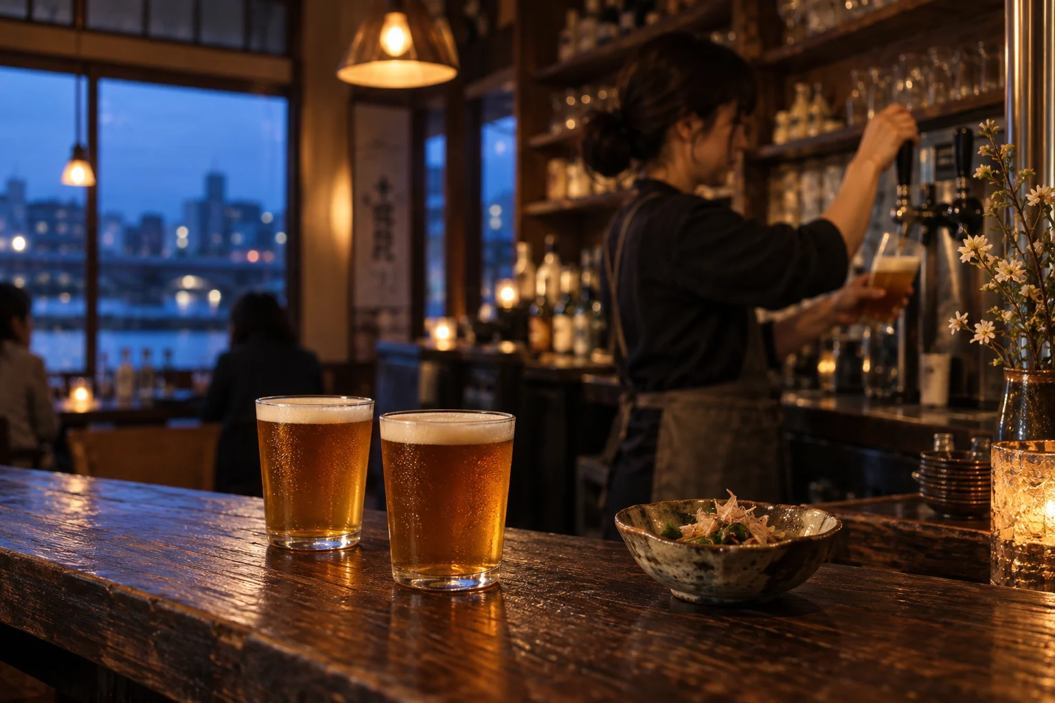 夜のカウンターに並ぶクラフトビール